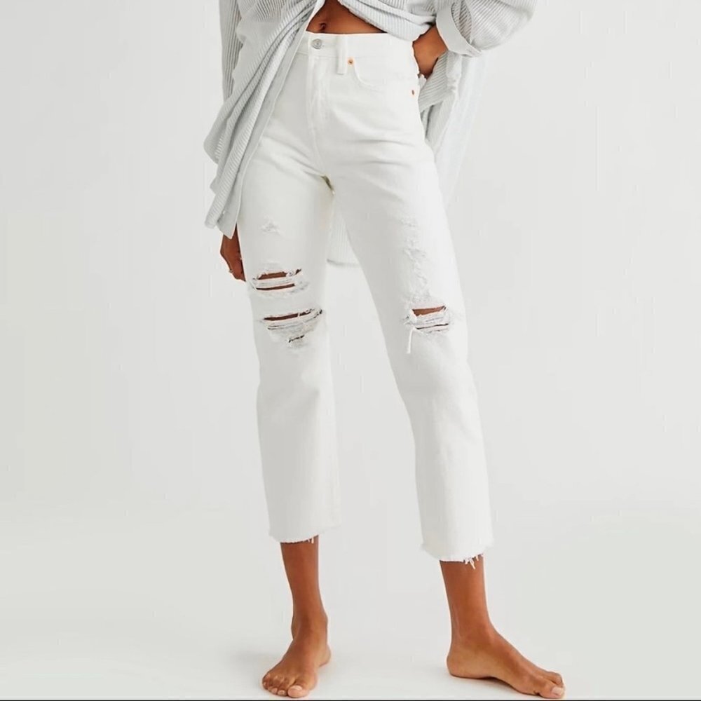 Levi's Premium White Wedgie Straight Ripped Distressed Crop Jeans Size 26